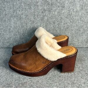 Born Hope Women's Size 9M Brown Leather Shearling Trim Heeled Clogs Casual New